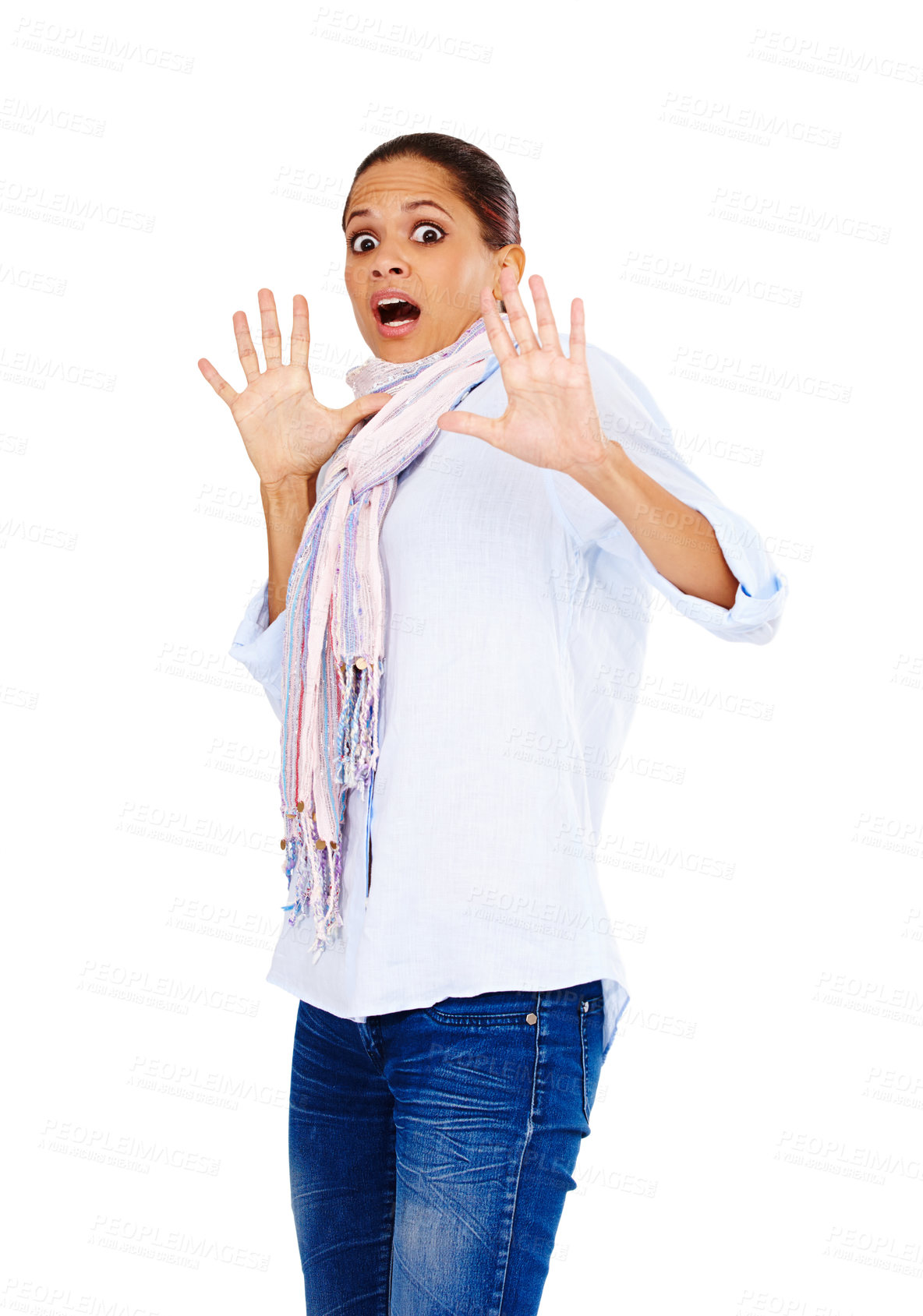 Buy stock photo Surprise, scared and portrait of a woman with a shocked face in a isolated white background. Hand palms, shock and stop hands gesture of a women with big eyes and gasp alone in a studio in defense