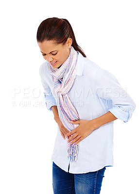 Buy stock photo Colon, digestion or stomach ache and a model black woman in studio isolated on a white background with stomach pain. Menstruation, constipation and period with a hurt young female on blank space