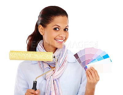 Buy stock photo Woman, smile and paint brush with swatches for color choice or decision against white studio background. Portrait of isolated female holding roller with pastel colors for painting on white background