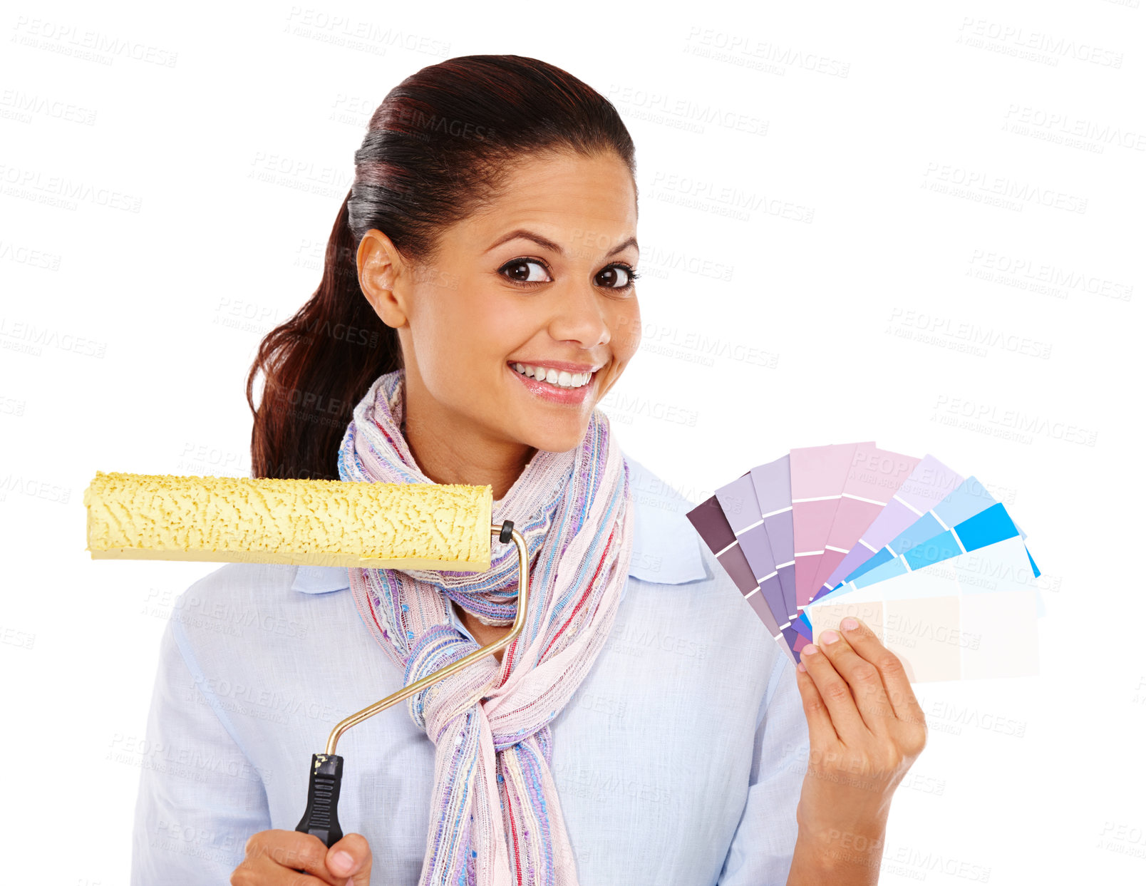 Buy stock photo Woman, smile and paint brush with swatches for color choice or decision against white studio background. Portrait of isolated female holding roller with pastel colors for painting on white background