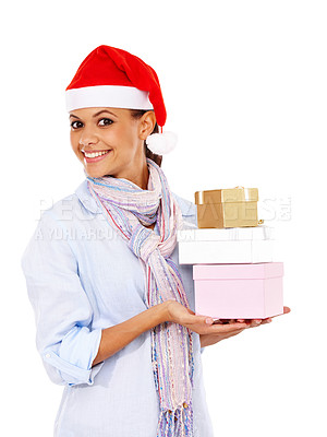 Buy stock photo Christmas, gifts and portrait of a woman in a studio with a santa hat for a festive celebration. Happy, smile and female model with box presents for a xmas holiday isolated by a white background.