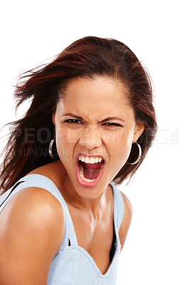 Buy stock photo Woman, shout and portrait in studio with energy, good news and mouth for celebration on white background. Female person, screaming and face for winner, excited and success with emotion and voice