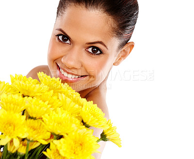 Buy stock photo Happy woman, portrait and studio for flower cosmetics, natural and eco friendly product on white background. Female person, sustainable makeup and facial treatment for glow, plants and dermatology