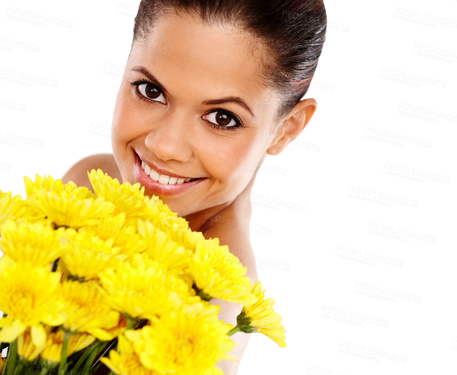 Buy stock photo Happy woman, portrait and studio for flower cosmetics, natural and eco friendly product on white background. Female person, sustainable makeup and facial treatment for glow, plants and dermatology