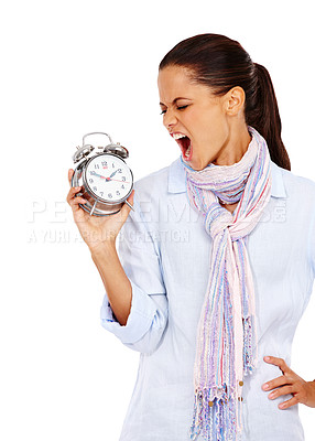 Buy stock photo Time, schedule and woman screaming clock, late for work, isolated on white background. Timeline, countdown and frustrated woman with alarm clock, time management and angry girl from India in studio.