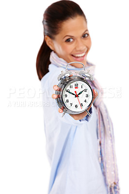 Buy stock photo Time, smile and portrait of woman with clock, punctual for schedule isolated on white background. Timeline, countdown and happy woman with alarm clock, time management from India blurred in studio.