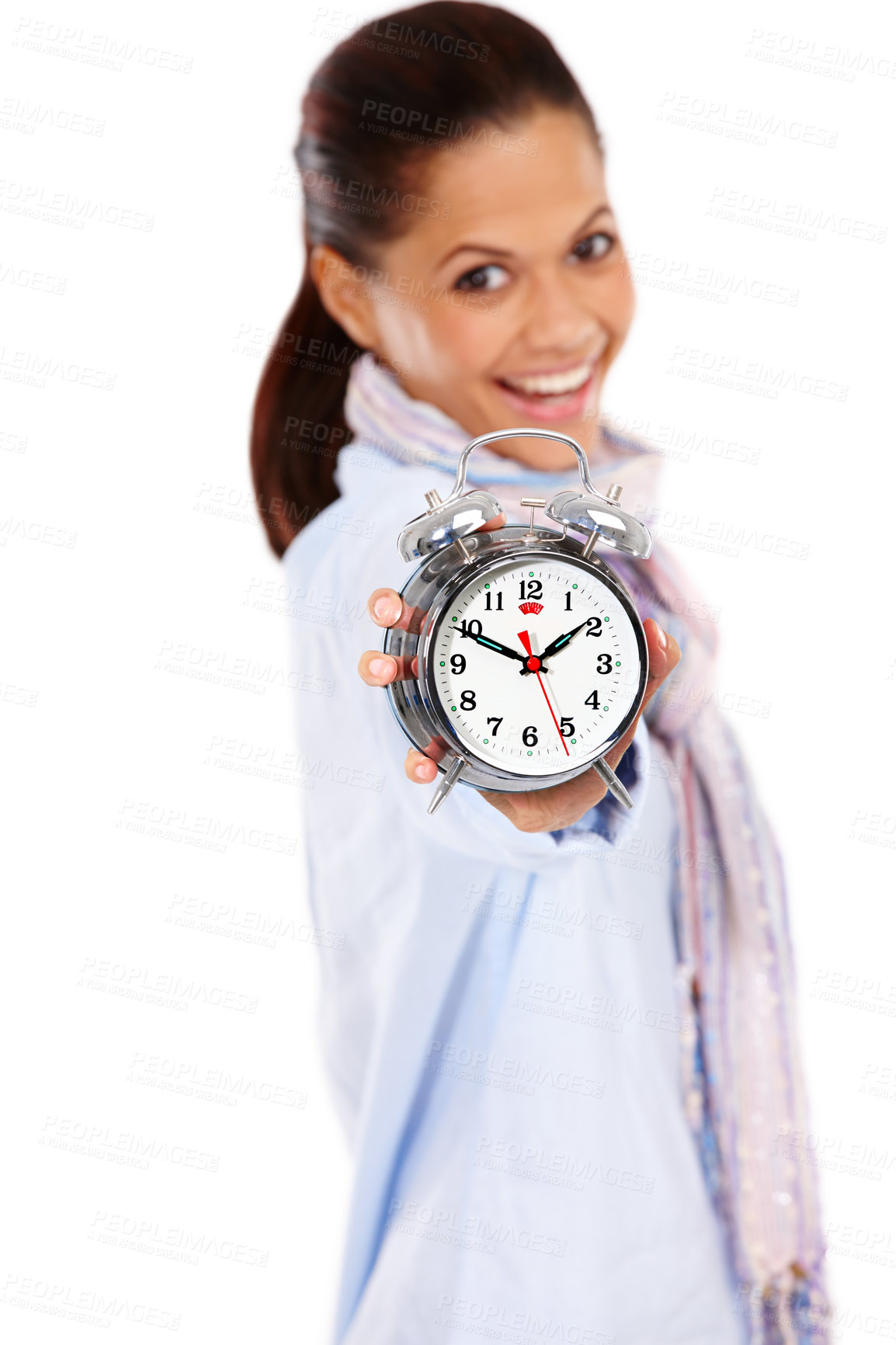 Buy stock photo Time, smile and portrait of woman with clock, punctual for schedule isolated on white background. Timeline, countdown and happy woman with alarm clock, time management from India blurred in studio.