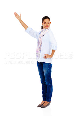 Buy stock photo Woman, portrait or showing hand gesture on isolated white background at promotion mockup or marketing media space. Business worker, employee or presentation mock up for advertising training workshop