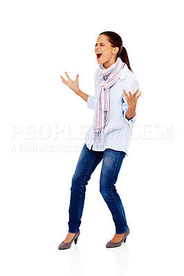 Buy stock photo Angry, model and scream of a woman with stress frustrated about work isolated. White background, career and business employee screaming and standing with anger gesture about working and studio mockup