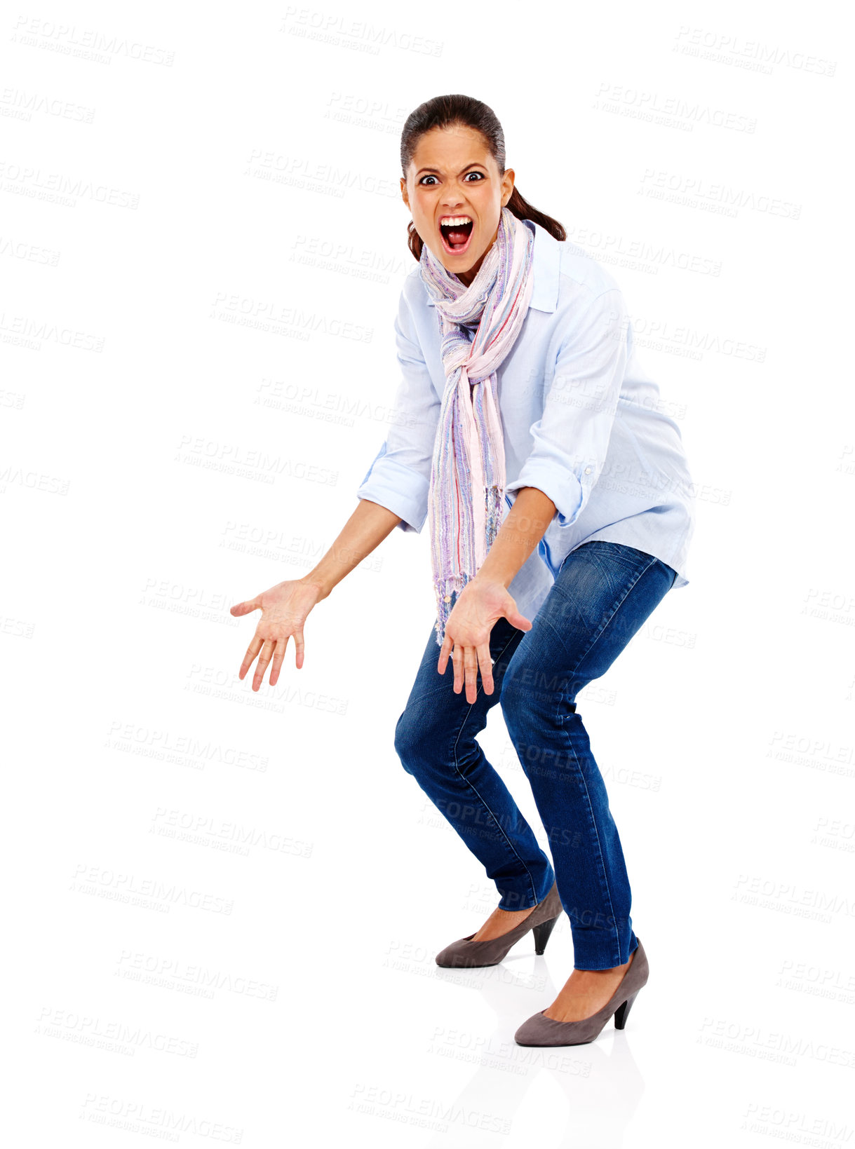 Buy stock photo Angry, scream and portrait of a woman with stress screaming about work isolated. White background, model hands and employee frustrated and standing with anger gesture and studio mockup