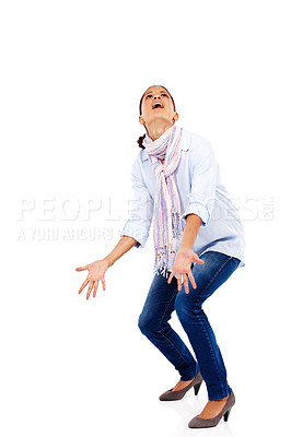 Buy stock photo Stress, wtf and woman looking up in studio, surprise and shocked against white background space. Confused, girl and doubt by model feeling desperate, anxiety and pressure, mental health and isolated