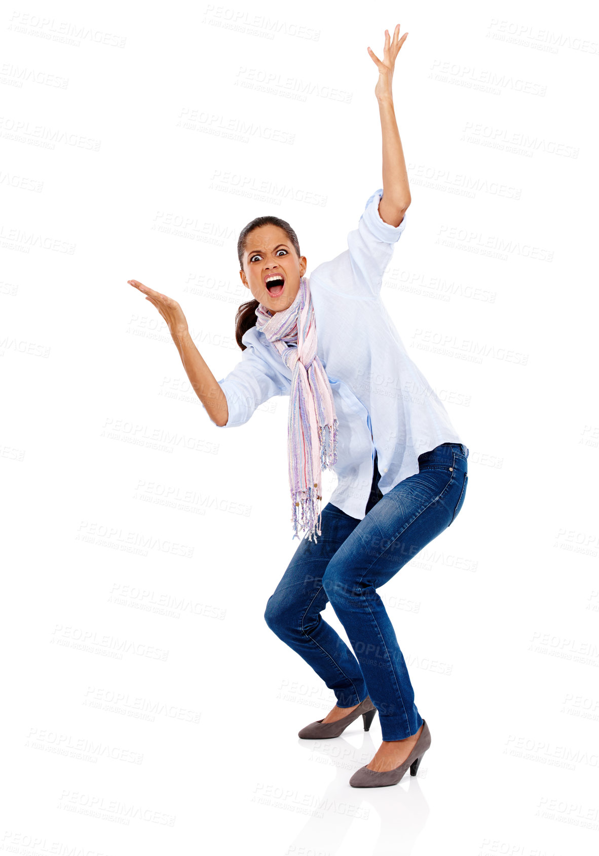 Buy stock photo Portrait, confused and mock up with a black woman in studio isolated on a white background for marketing. Shock, doubt and surprise with a female standing on blank branding space for advertising