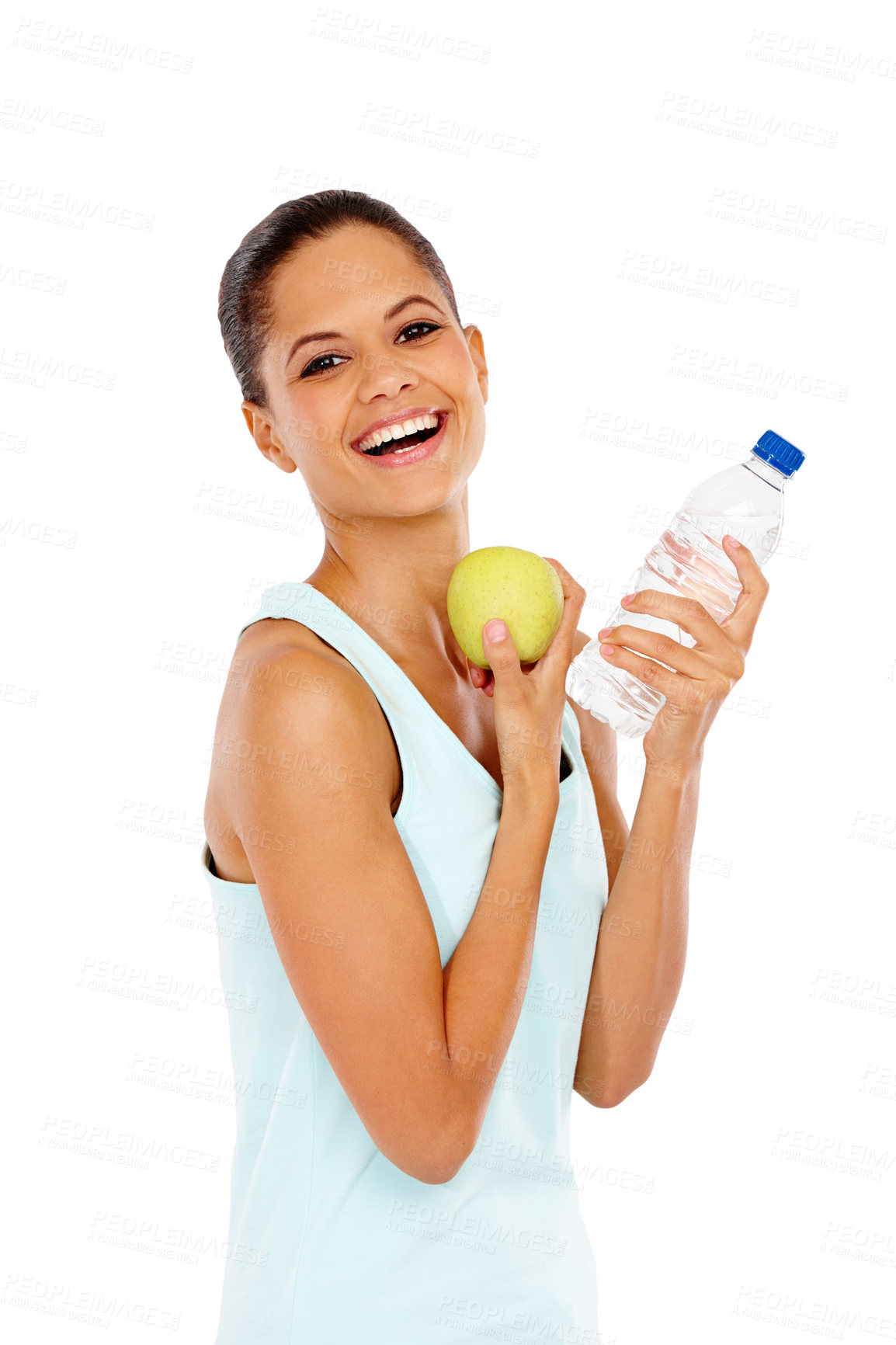 Buy stock photo Portrait of a beautiful young woman holding a bottle of water and an apple