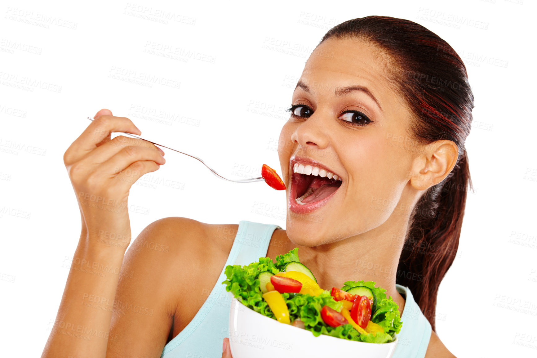 Buy stock photo Studio, woman and eating salad with fork for weight loss, vegan diet and metabolism nutrition. Vegetables, smile and person with organic food for immune system, detox and health on white background