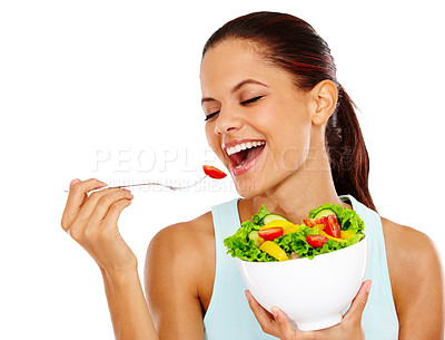 Buy stock photo Studio, woman and eating salad with smile for weight loss, vegan diet and metabolism detox. Fork, hungry and person with organic food for immune system, nutrition and gut health on white background