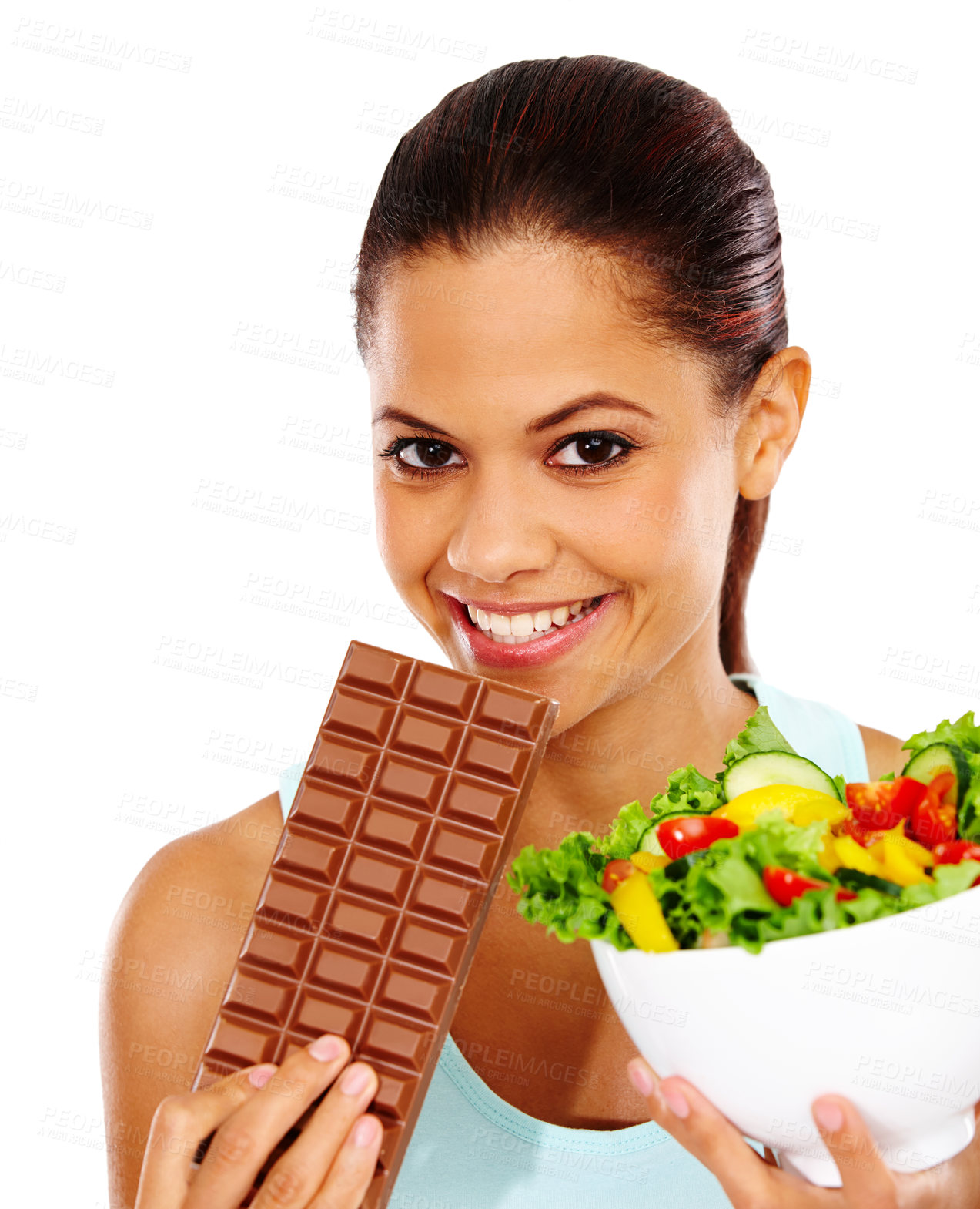 Buy stock photo Chocolate, salad and portrait of happy woman in studio for healthy eating, wellness and nutrition. Decision, diet option and face of isolated person with vegetables and candy on white background