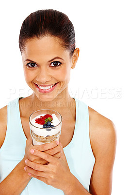 Buy stock photo Portrait of an attractive young woman holding a delicious breakfast