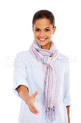 Buy stock photo Portrait, handshake and welcome with a black woman in studio isolated on a white background during a meeting. Deal, support and hiring with a young female offering a hand shake on blank space