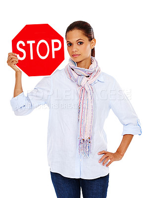 Buy stock photo Woman with stop road sign, traffic rules and caution in portrait with stop sign isolated on white background. Warning sign, red with limit and danger, road regulations and  young female with signage