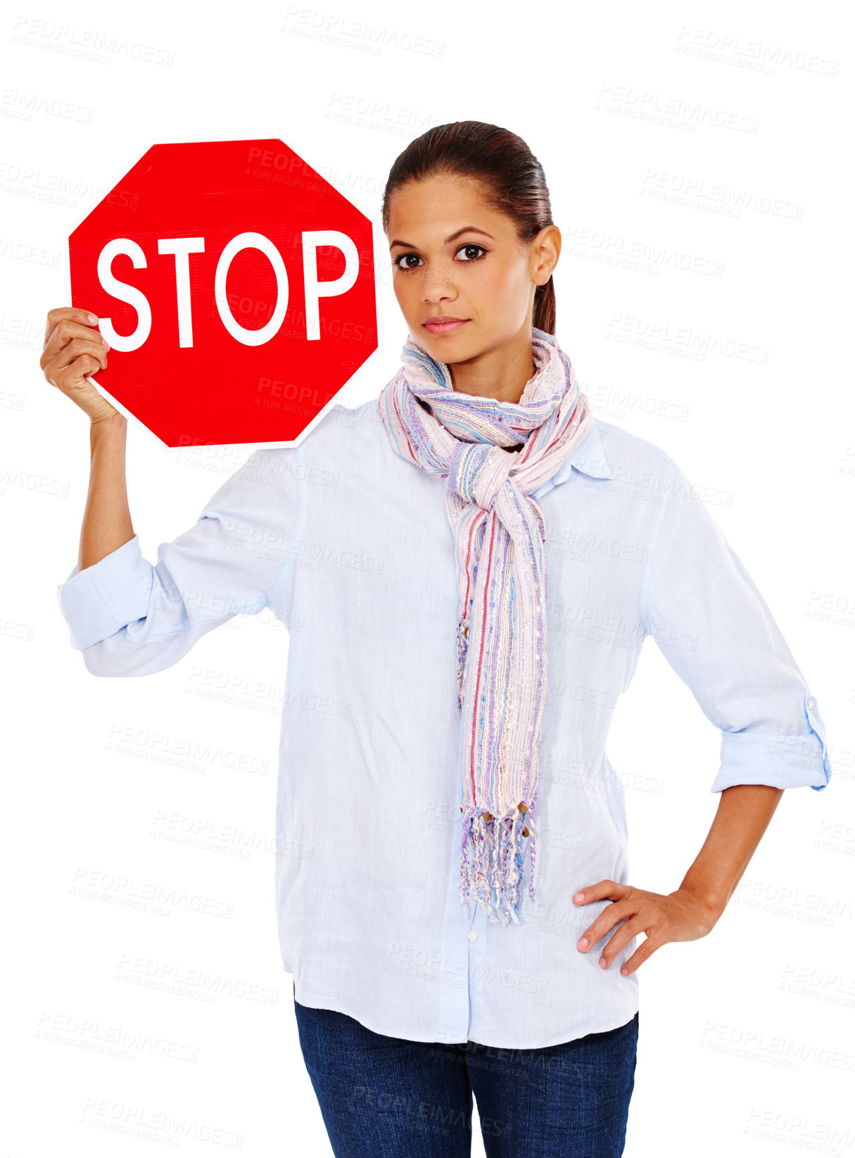 Buy stock photo Woman with stop road sign, traffic rules and caution in portrait with stop sign isolated on white background. Warning sign, red with limit and danger, road regulations and  young female with signage