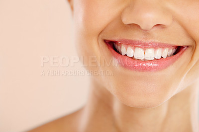 Buy stock photo Woman, mouth and teeth whitening smile for oral care, orthodontics and braces results on studio background. Female person, dental insurance and cosmetics transformation to bleach, clean and hygiene