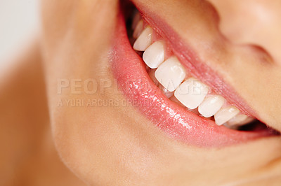 Buy stock photo Woman, mouth and oral care smile in closeup, orthodontics and porcelain or invisible braces results. Female person, dental insurance and cosmetics transformation for white teeth, bleaching and clean