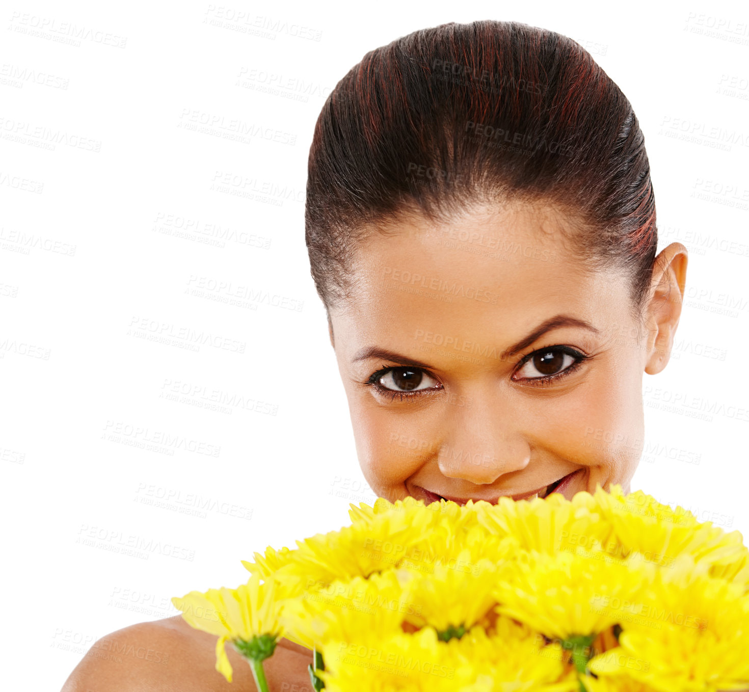 Buy stock photo Happy woman, portrait and studio for flower skincare, natural and eco friendly product on white background. Female person, sustainable makeup and treatment for cosmetics, shine and mockup space