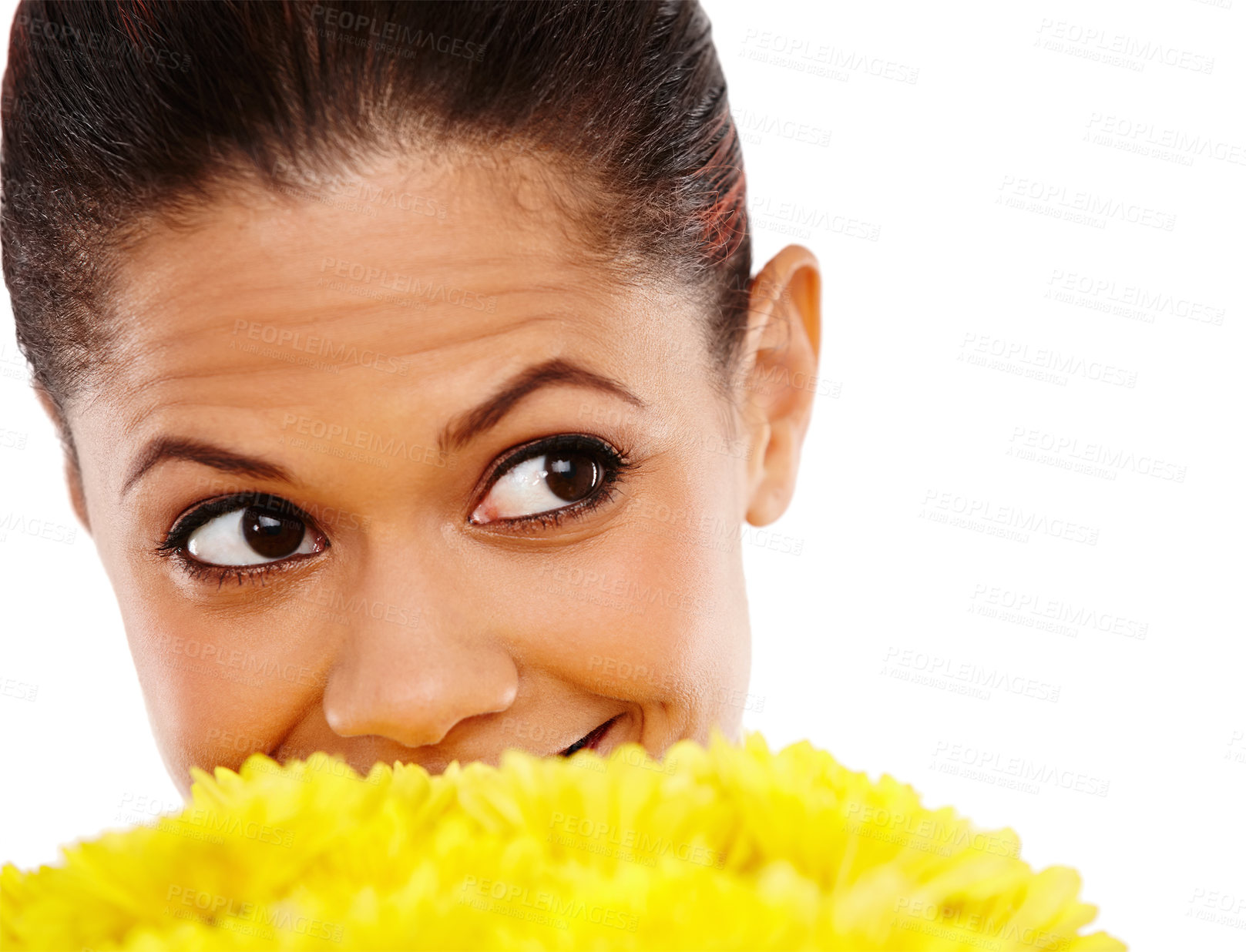 Buy stock photo Woman, thinking and flowers for natural skincare, organic cosmetics and eco friendly in studio with scent. Female person, idea and floral bouquet on white background for sustainable skin treatment 