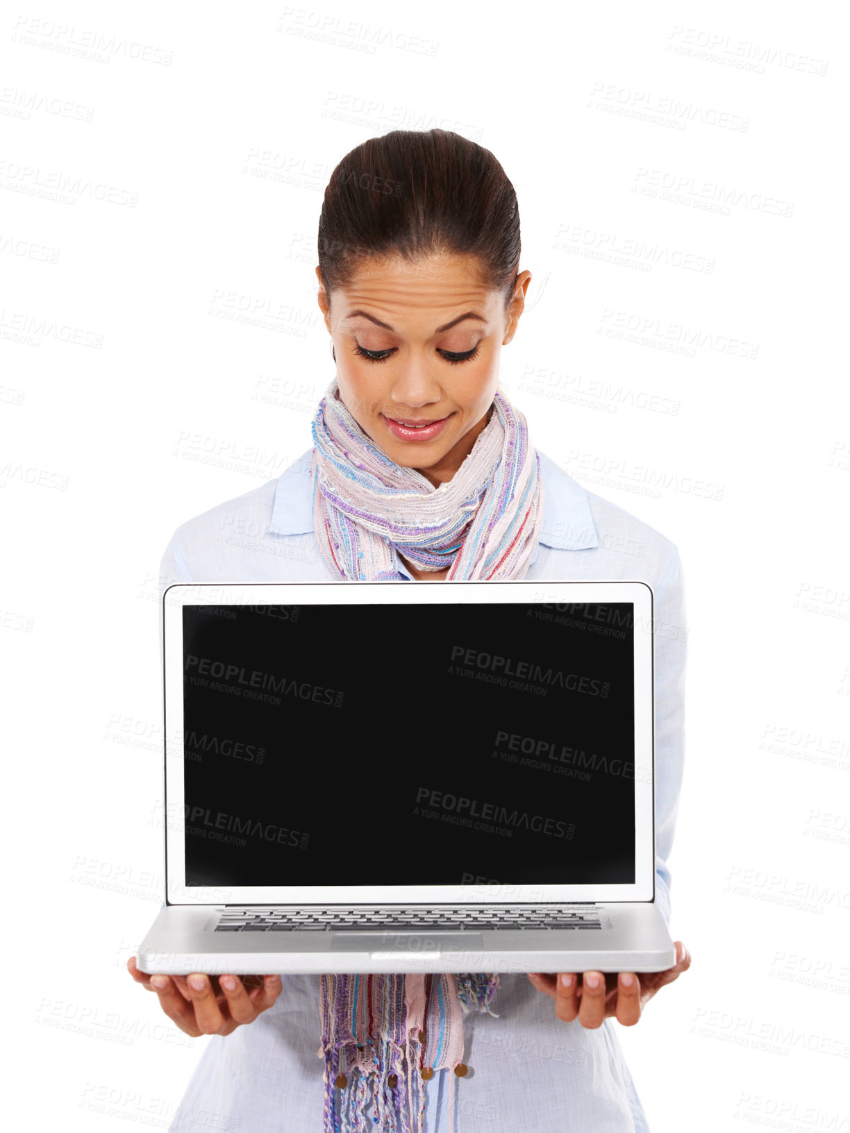Buy stock photo Woman, wow and laptop mockup on isolated white background for website branding, advertising or logo space. Digital technology, mock up and blank screen for surprised, happy and curious web designer