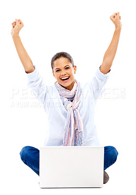 Buy stock photo Happy woman, portrait or winner fist on laptop on isolated white background in distance learning, education or studying success. Smile, excited or wow student hands up on technology in studio mockup