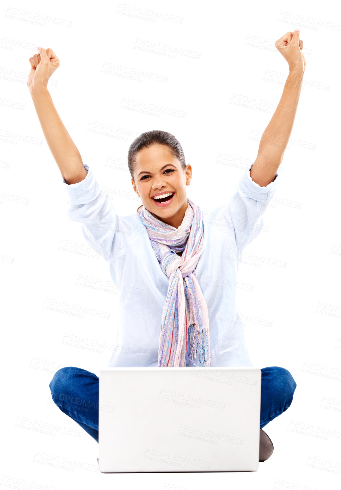 Buy stock photo Happy woman, portrait or winner fist on laptop on isolated white background in distance learning, education or studying success. Smile, excited or wow student hands up on technology in studio mockup