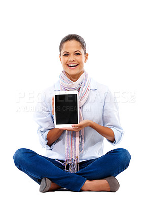 Buy stock photo Woman, portrait or showing tablet mockup on isolated white background for social media app or website advertising. Technology, mock up and blank space on technology for happy, smile or studio student