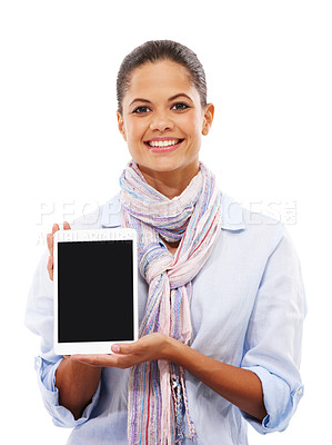 Buy stock photo Woman, portrait or showing tablet mockup on isolated white background for social media or elearning website. Digital technology, mock up or blank advertising space for smile or studio college student