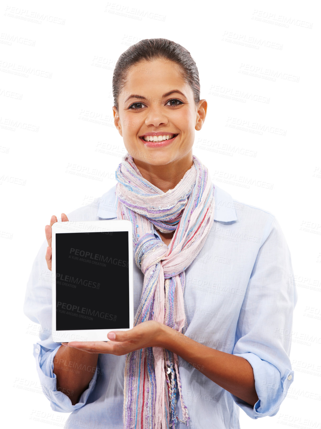 Buy stock photo Woman, portrait or showing tablet mockup on isolated white background for social media or elearning website. Digital technology, mock up or blank advertising space for smile or studio college student