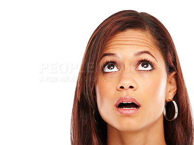 Buy stock photo Woman, closeup and surprise in studio for wow deal, announcement and breaking news with looking up. Female person, headshot and shocked for information, secret and mockup space on white background