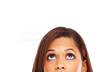 Buy stock photo Woman, eyes and shocked in studio for wow, announcement and breaking news with mockup space in closeup. Female person, promotion and surprise for information, secret or discount on white background