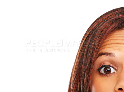 Buy stock photo Woman, portrait and surprise with shock in studio for news, rumor or gossip on a white background. Closeup of female person or eye with speechless expression, thunderstruck or stunned on mockup space