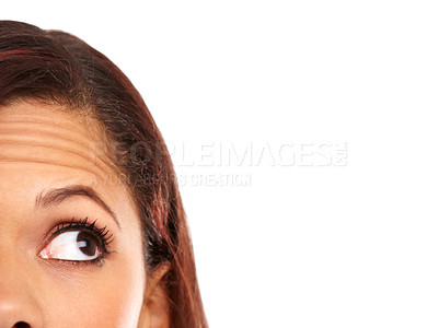 Buy stock photo Young woman looking away with wide eyes against a white background - Cropped