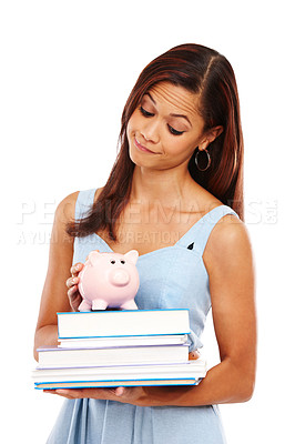 Buy stock photo Woman, books and piggy bank for education, savings and payment for tuition with finance by white background. Girl, student and container in studio, investment and funding for learning at university