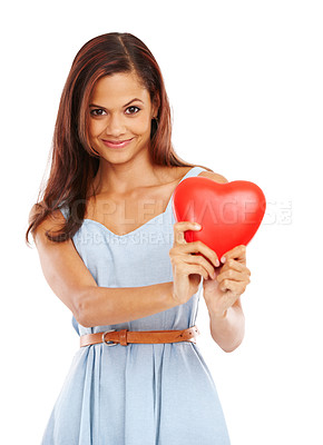 Buy stock photo Happy woman, portrait and love with heart or sign for support or care on a white studio background. Young female person or model with smile, emoji or symbol for romance, embrace or valentines day