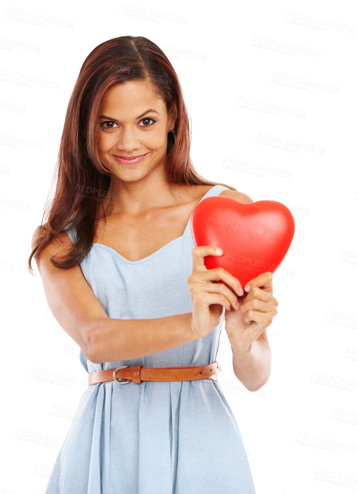 Buy stock photo Happy woman, portrait and love with heart or sign for support or care on a white studio background. Young female person or model with smile, emoji or symbol for romance, embrace or valentines day