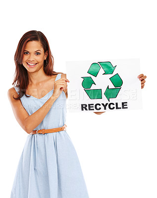 Buy stock photo Happy woman, portrait and recycle with sign for climate change on a white studio background. Young female person or volunteer with smile, poster or billboard for waste management or save environment