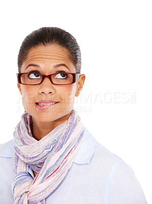 Buy stock photo Thinking, glasses and mockup with a black woman in studio isolated on a white background for product placement. Idea, eyewear and frame with a female on space for marketing, advertising or branding