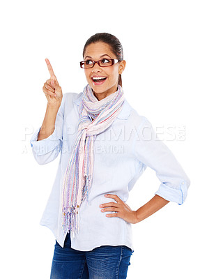 Buy stock photo Happy woman, hand or pointing at glasses promotion, optician health insurance or retail sales deal on white background. Smile, optometry eyewear or model with showing hand gesture on isolated mock up