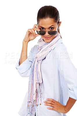 Buy stock photo Black woman, luxury sunglasses and portrait for fashion announcement or discount on glasses in studio. Female model isolated on a white background while peeking, happy and