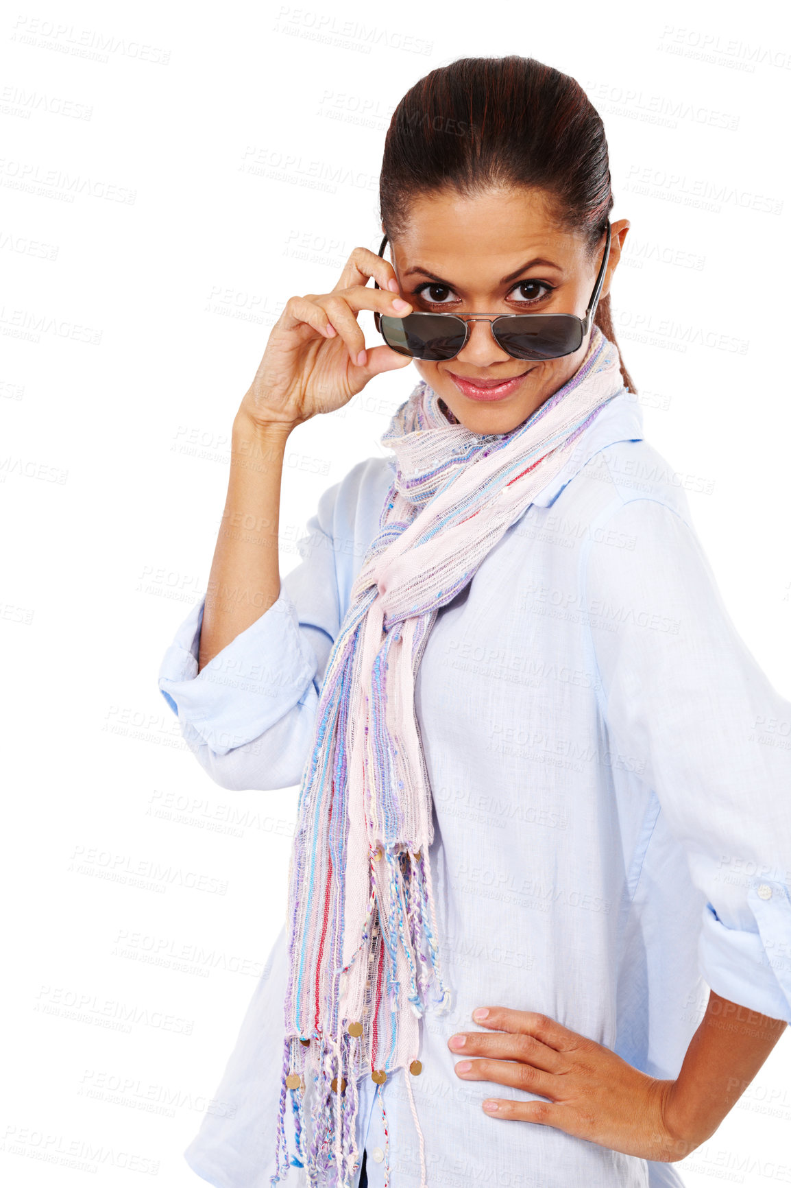 Buy stock photo Black woman, luxury sunglasses and portrait for fashion announcement or discount on glasses in studio. Female model isolated on a white background while peeking, happy and