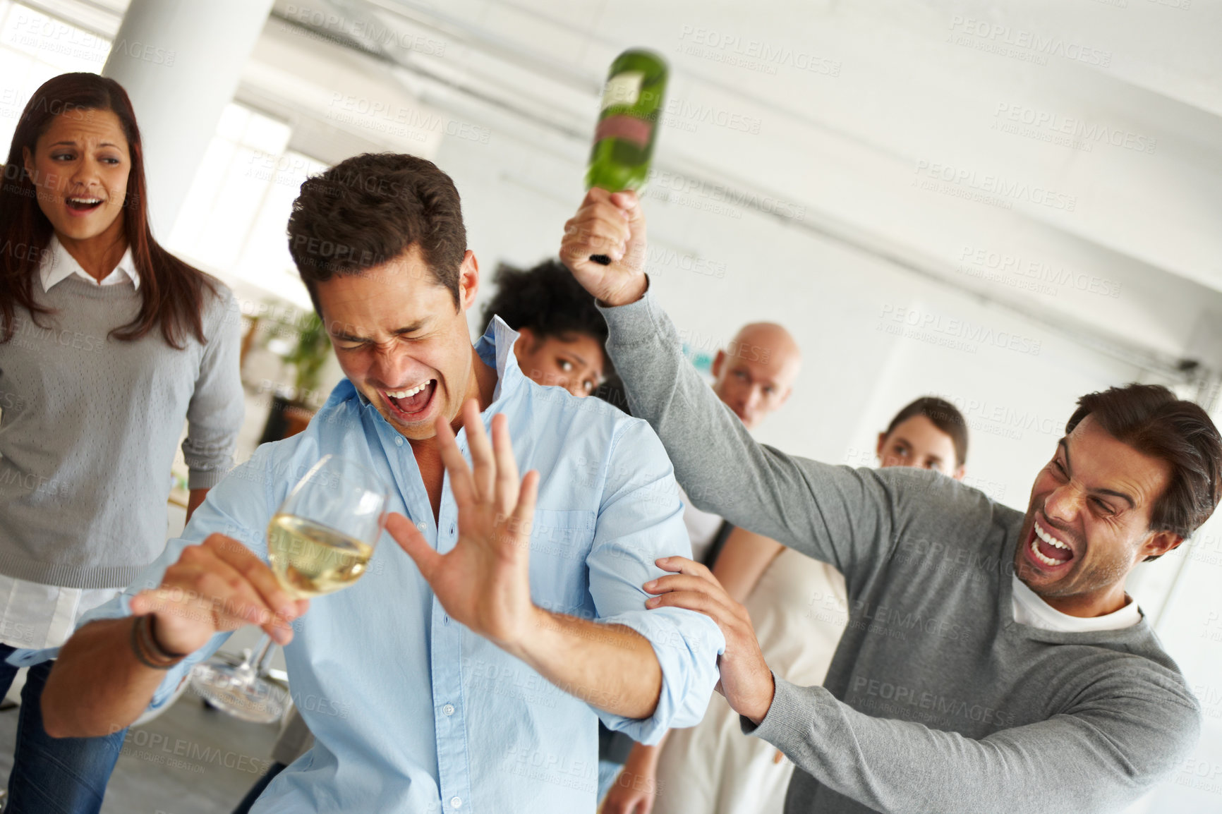 Buy stock photo Anger, harassment and wine with business people and fight for new year celebration, addiction and misconduct. Company policy, drunk and alcoholic with employee for safety regulations and crazy