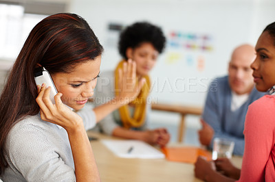 Buy stock photo Business meeting, woman and stop meeting for phone call in office with colleagues, urgent and important. Business woman, hand and wait sign for call during work discussion, conversation and planning
