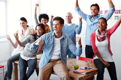 Buy stock photo Diversity, team and celebrate startup success or happy workers in company office. Teamwork achievement, interracial team building and employee collabortaion, winner or corporate goals celebration 