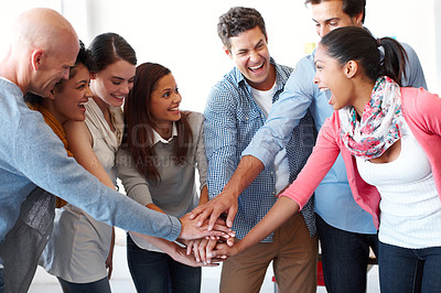 Buy stock photo Hands stack, business people and team building together for collaboration meeting, goals and company target motivation. Diversity, excited and startup group of people with stack hand sign for mission